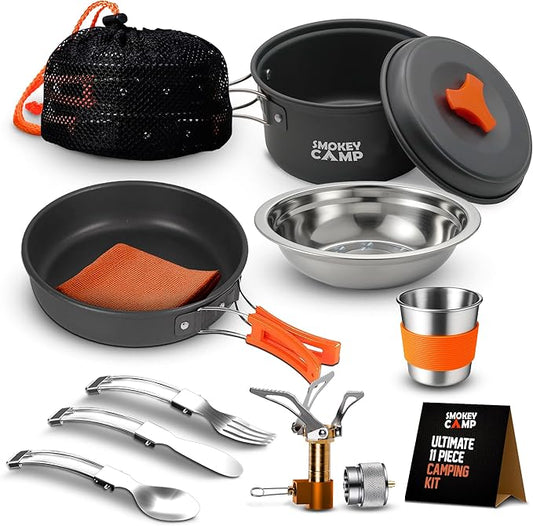 Smokey Camp Camping Cookware Mess Kit Set with Stove - Backpacking Camping Pots and Pans Set, All in One Non-Stick Camping Cooking Set, Portable Stove, Hiking, Picnic, Outdoor & Camping Cookware Set
