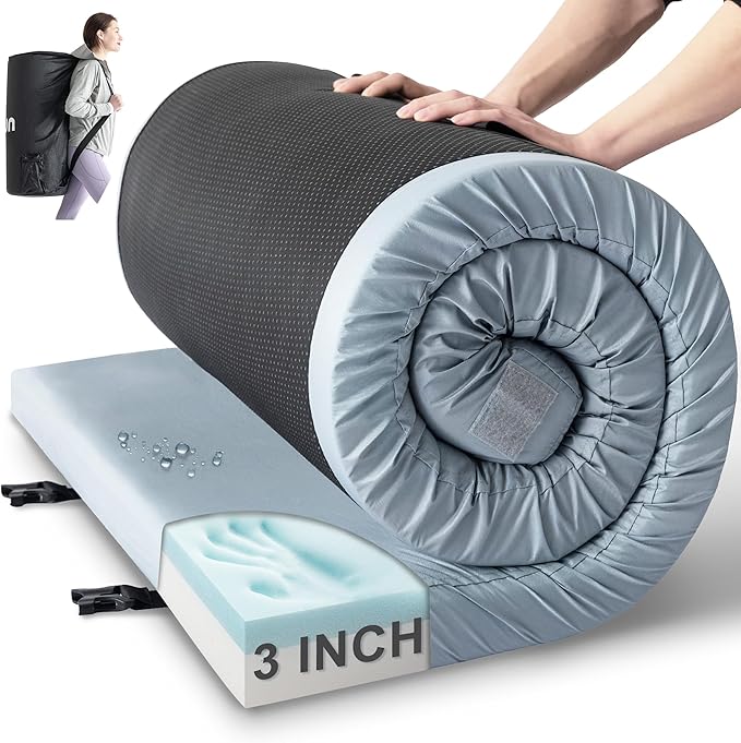 Kingfun 3 Inch CertiPUR-US Memory Foam Camping Mattress Pad, Waterproof Roll up Sleeping Pad, Thick Floor Sleeping Mats for Tent with Removable Travel Bag