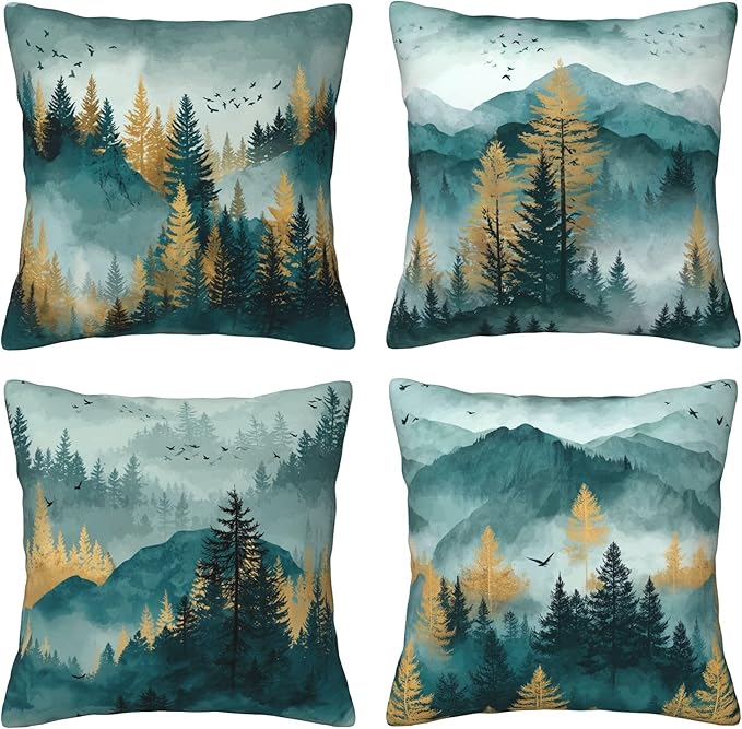 Green Mountain Throw Pillow Covers 18 X 18 Inch Set of 4 Decorative Cushion Cover Home Decor for Sofa Chair Couch Bedroom Living Room