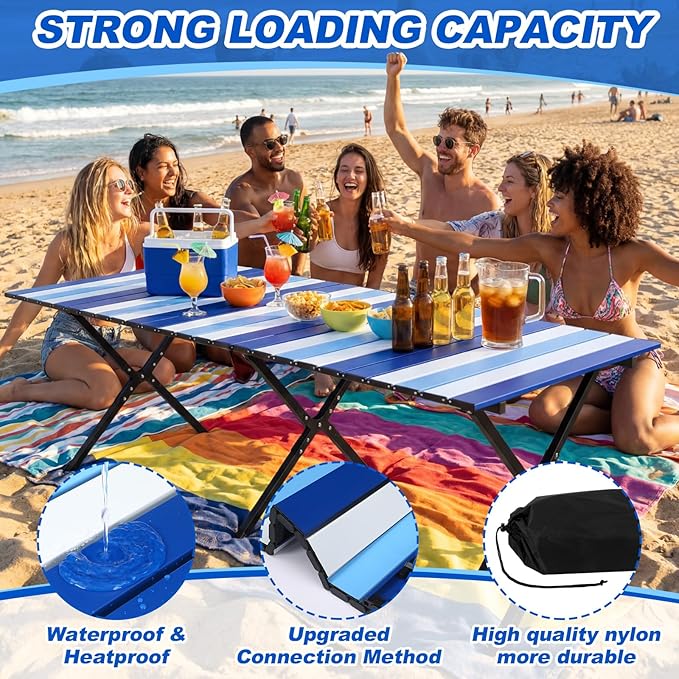 CroBlissful Beach Table Folding Camping Portable Table Striped White Aluminum Side with Carry Bag for Camping Picnics and Outdoor Activities (48x24x18 in,Navy Blue)