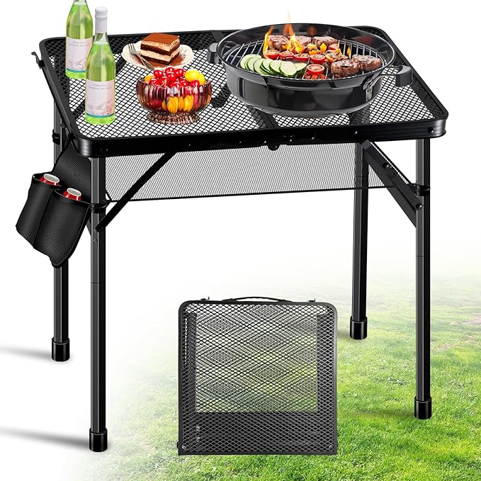 Ciavca Upgraded Folding Grill Table - Metal Portable Camping Table, 2 Height Adjustable Max 22", Lightweight Foldable for Outside BBQ 24"x15.8"