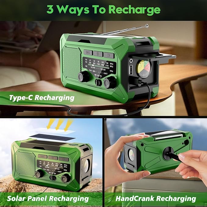 Emergency Hand Crank Weather Radio,Toolchums 10000mAh AM/FM/NOAA Solar Powered Radio with Phone Charger, USB Charged, LED Flashlight Reading Lamp Headphone Jack, SOS Alarm