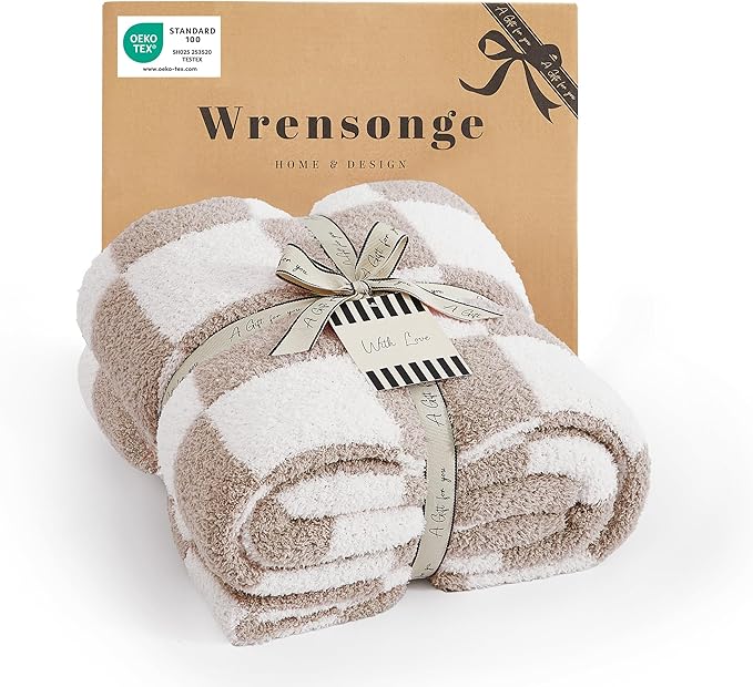 WRENSONGE Checkered Throw Blanket, Taupe Soft Cozy Fluffy Warm Throw Blankets for Couch, Sofa, Chair, Bed, Camping, Picnic, Office,Travel Lightweight Bed Blanket - 50"*60"