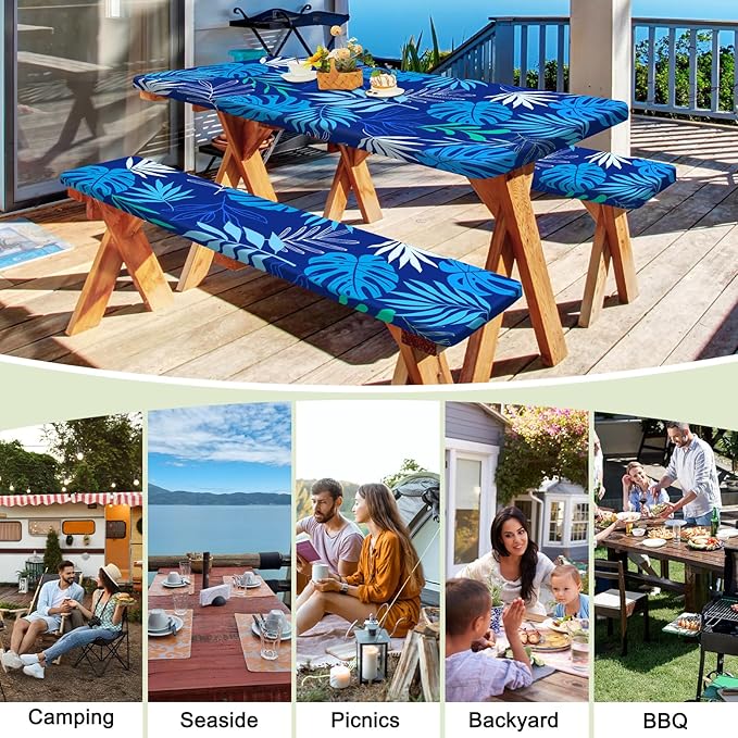 Picnic Table Cover with Bench Covers Portable Table Cloth Built-in Storage Pocket Fitted Tablecloth with Elastic Edges Waterproof Camping Essentials for Indoor Outdoor Rv,72in,Deep Blue