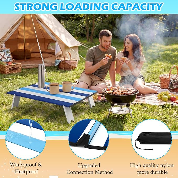 CroBlissful Beach Table Folding Camping Portable Table Striped White Aluminum Side with Carry Bag for Camping Picnics and Outdoor Activities(22x16x5 in,Navy Blue)