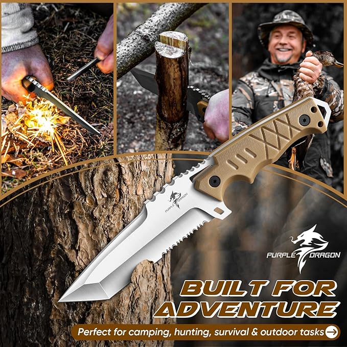 Purple Dragon Fixed Blade Knife - Tanto Knife with D2 Steel Blade and G10 Handle - Camping Knives with Sheath for Bushcraft Survival Hiking - Christmas Gift for Men and Women