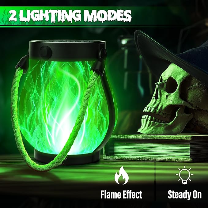 iBaycon 2 Pack Solar Lanterns Lights, Halloween Flickering Flame Garden Lights with 2 Modes Dual Charging USB & Solar, Outdoor Waterproof Hanging Lantern for Party Holiday Halloween Decor (Green)