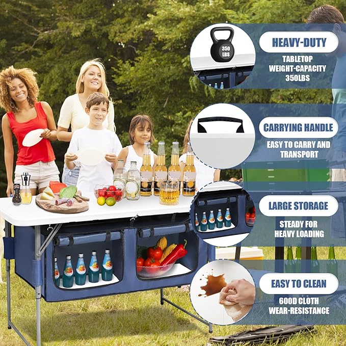 Camp Field 4ft Heavy Duty Portable Table with Stroage, Folding Table for Indoor & Outdoor Picnic & Camping Table for Picnic, Party, Camping. (White Set, 4FT)