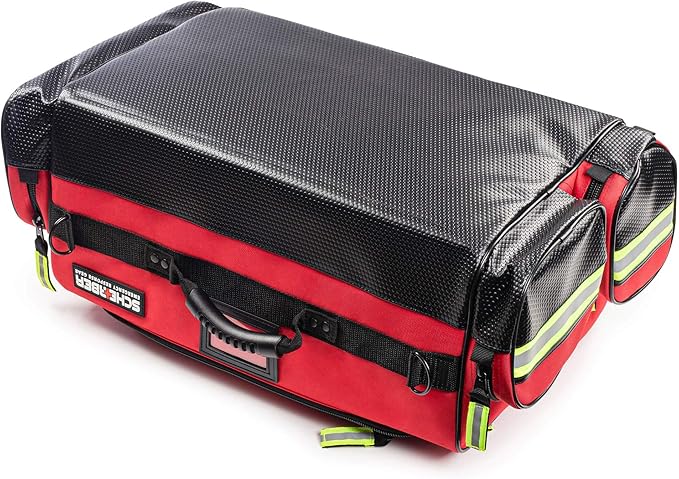 Scherber First Responder O2 Bag | Ultimate Professional EMT/EMS Trauma Oxygen Kit | Durable Reflective 600D Water Repellant Bag w/10+ Compartments, Zippered Pockets, Dividers & Padded Strap | XL - Red