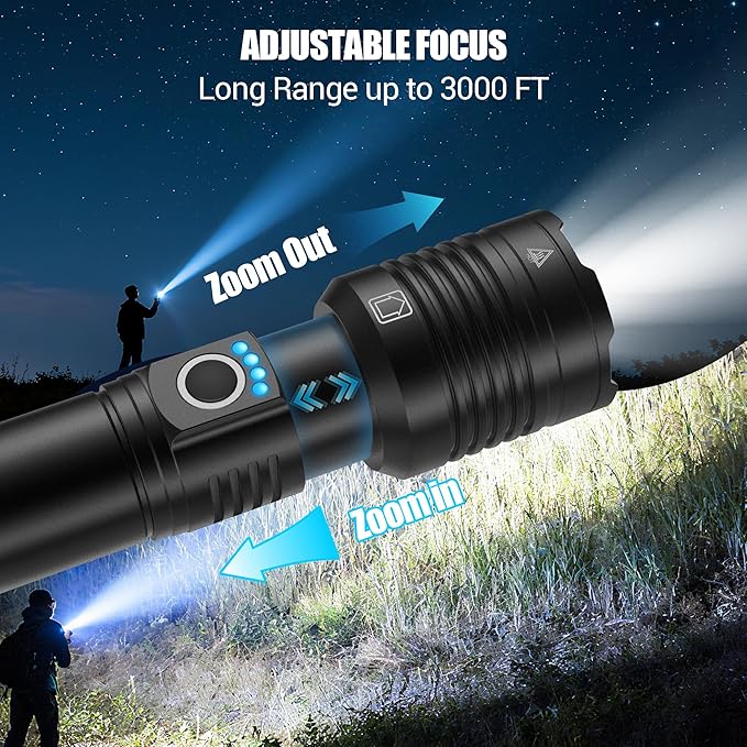 Rechargeable Flashlights High Lumens 100,000 Single One Mode - 2 Pack, Super Bright Powerful 30W LED, Long Lasting 12 Hours, USB C Input, Handheld 6.81” Length, for Hiking Home Gift