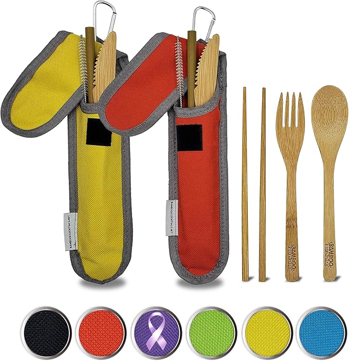 Travel Utensils with Case Set Fork, Knife, Spoon, Chopsticks, Straw, Straw-cleaning brush, Travel Pouch and Carabiner, Excellent For Everyday Use! ((2 Sets) Sunset Red/Sunrise Yellow)