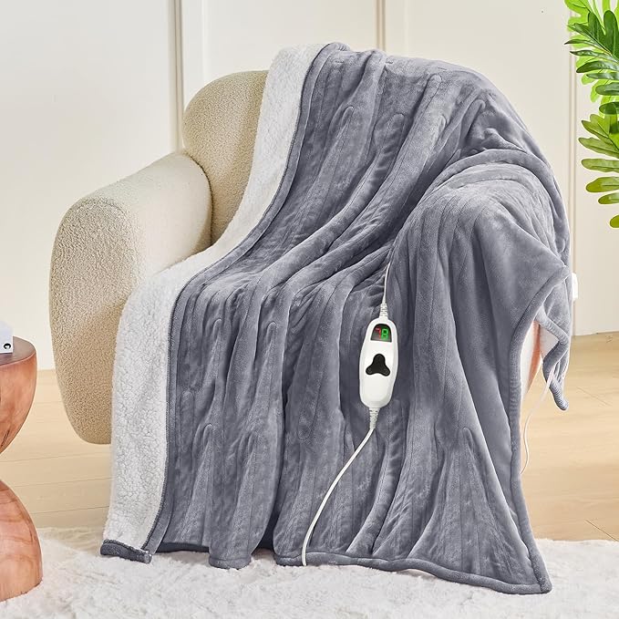 greenoak Heated Blanket Electric Throw 50"X60", Heating Blanket with 10 Heat Levels 1/2/4/6/8 Hours Auto-Off,Fleece Soft Sherpa Blanket,Gifts for Grandma Mom Seniors, Misty Grey