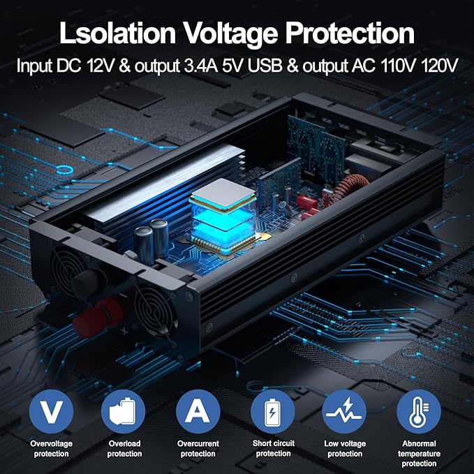3000W Power Inverter 12V DC to 110V/120V AC Converter, 6000W Peak, LCD Display & Remote Control, Dual AC Outlets & USB Port for RV Truck Solar System, Emergency Backup, Outdoor Camping