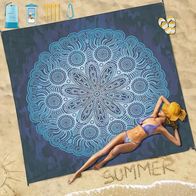 Famstar Beach Blanket Sandproof Waterproof 78''81'' 1-5 Adults Oversized, Compact Lightweight Durable 210T Polyester Beach Mat for Travel Camping Hiking Picnic