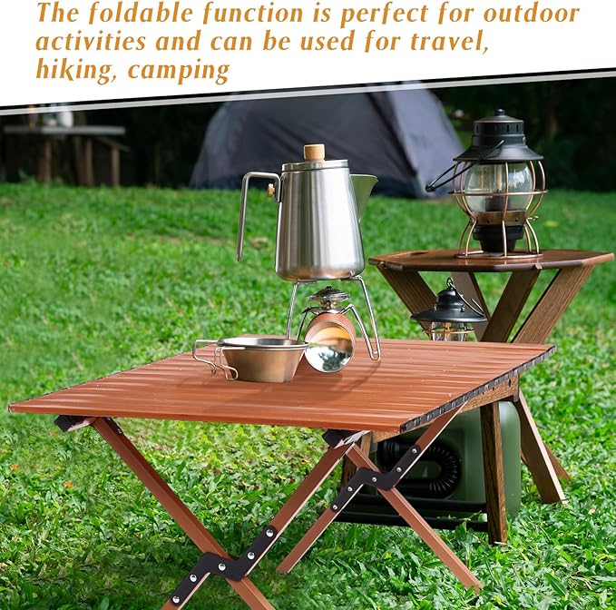 Suzile 2 Pack 4FT Folding Camping Table, Roll Up Portable Camp Table with Carry Bag, Low Collapsible Lightweight Aluminum Outdoor for Camping, Picnic, Beach, Patio, Kitchen(Nut Brown)