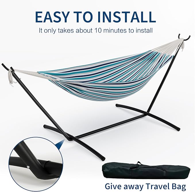 Double Hammock with Steel Stand - 2 Person Hammock Bed Indoor Outdoor, Brazilian-Style, with Carry Bag, 450lb Capacity, Portable & Easy Assembly, Ocean