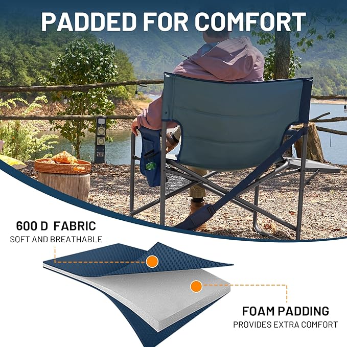 Timber Ridge XXL Director’s Chair – Heavy Duty Folding Camping Chair for Adults, 500 lb Capacity, Extra Wide Padded Seat for Camping, Sports, Lawn, Courtyard, and Outdoor Use, Blue