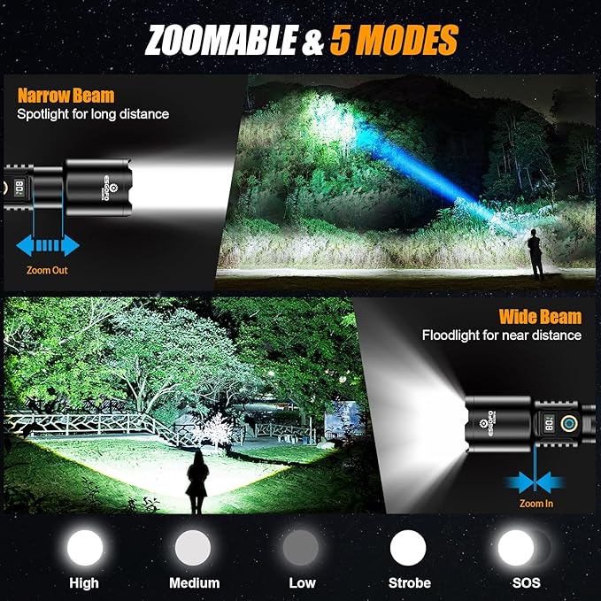 Esgofo Rechargeable Flashlights High Lumens 90,000 Long Range 3280FT, Super Bright Handheld Strong LED Flashlight Long Lasting 15H, Powerful Flash Light USB C, Zoomable 5 Modes, for Camping Hiking