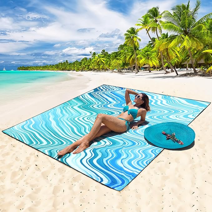 HIHOHO Beach Blanket Waterproof Sandproof Beach Mat for 1-8 Adults Quick Drying Durable Outdoor Picnic Mat for Beach Festival Travel Camping Hiking (Wave-Gradiant BL&GN, 79"×83"(4 Person))