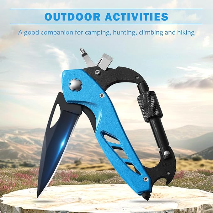 Multitool Carabiner with Pocket Knife, Stocking Stuffers Gifts for Men,6-in-1 Multi Tools with Window Breaker, Bottle Opener and Screwdriver, Survival Gear for Camping Hiking(Blue）