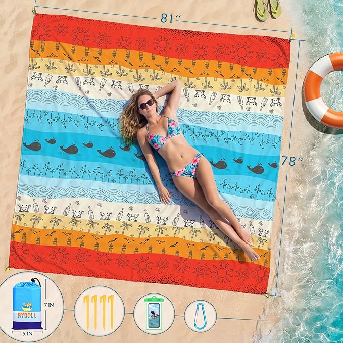 BYDOLL Beach Blanket Waterproof Sandproof Large Sand Free, 78''X81'' Oversized Sandless Lightweight Blanket Picnic Mat for Beach Travel Camping Hiking with Stakes