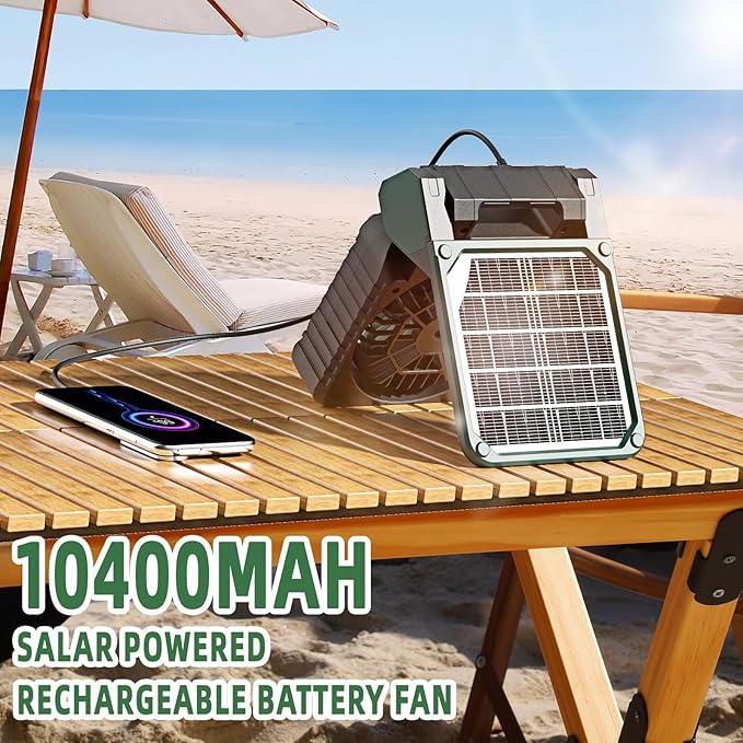 Solar Powered Portable Camping Fan,10400mAh rechargeable Solar Power Cordless Battery Fan with LED Lantern | 4 Wind Speeds Adjustable | 3 Timers Modes | Quiet , Perfect for Tent, Fishing ,Picnic