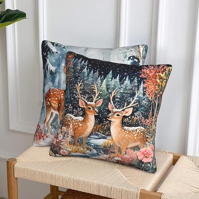 Winter Snowflake Reindeer Forest Throw Pillow Covers 18x18 inch Set of 2 Christmas Pillow Case Cushion Cover for Home Sofa Couch Living Room Car Decor