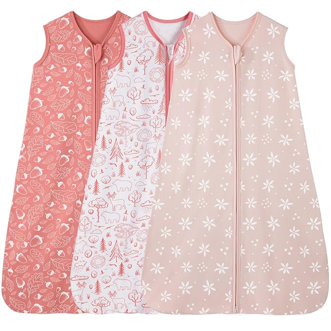 Baby Sleep Sack 0-6 Months, 100% Cotton Sleeping Sack for Newborn and Infant, 3 Pack Baby Wearable Blanket, 0.5 Tog Lightweight Double Zipper Sleep Bag Pink