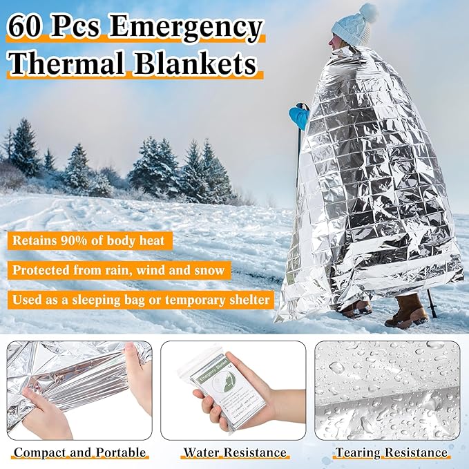 180 Pcs Homeless Care Package Supplies Bulk Winter Emergency Thermal Blankets Warm Socks Touchscreen Gloves Space Blanket Survival for Cold Weather Outdoor for Men Women(Classic Colors)