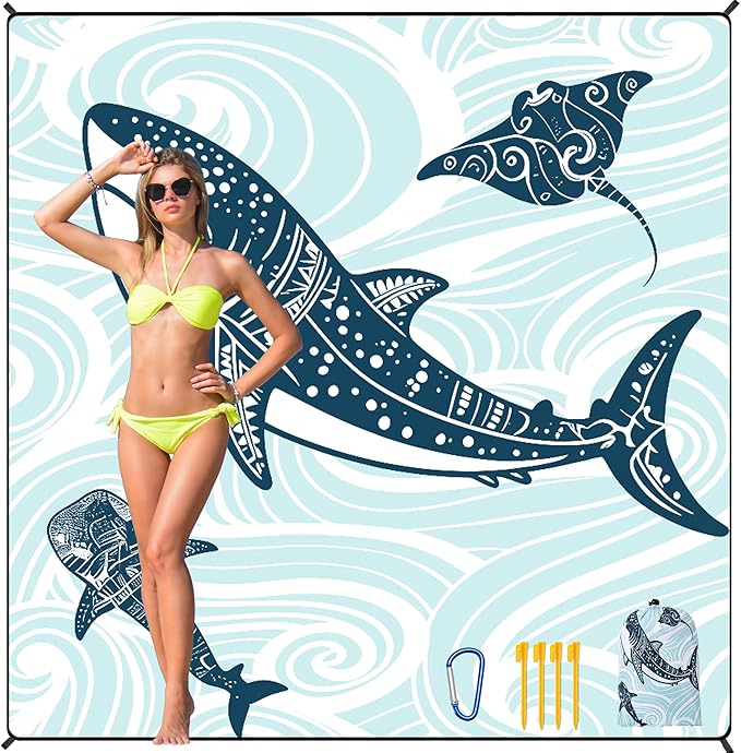 HIHOHO Beach Blanket Waterproof Sandproof Beach Mat 79”x 83” for 1-8 Adults Quick Drying Durable Outdoor Picnic Mat for Beach Festival Travel Camping Hiking (Shark, 79"×83"(4 Person))