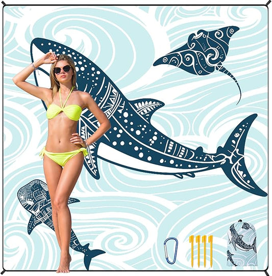 HIHOHO Beach Blanket Waterproof Sandproof Beach Mat 79”x 83” for 1-8 Adults Quick Drying Durable Outdoor Picnic Mat for Beach Festival Travel Camping Hiking (Shark, 79"×83"(4 Person))