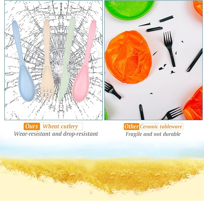 Knives Spoons and Forks Set, Wheat Straw Cutlery Set, Reusable Flatware Set for 4, Utensils for Party, Travel, Work, Picnic, Camping or Daily Use (Green, Beige, Pink, Blue)