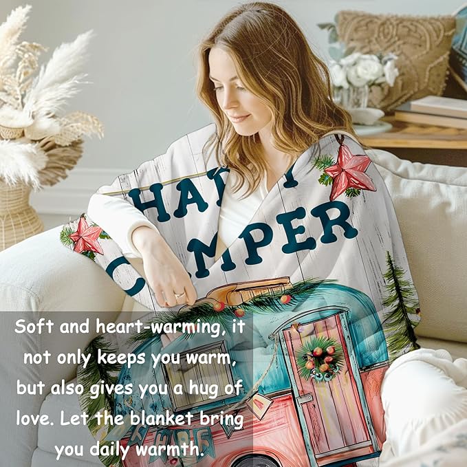 Camper Flannel Blanket, Camp Gifts, Camping-Themed Blanket for Women, Soft Lightweight Throw Blankets for Bed Home Travel Decor 40" x 50"