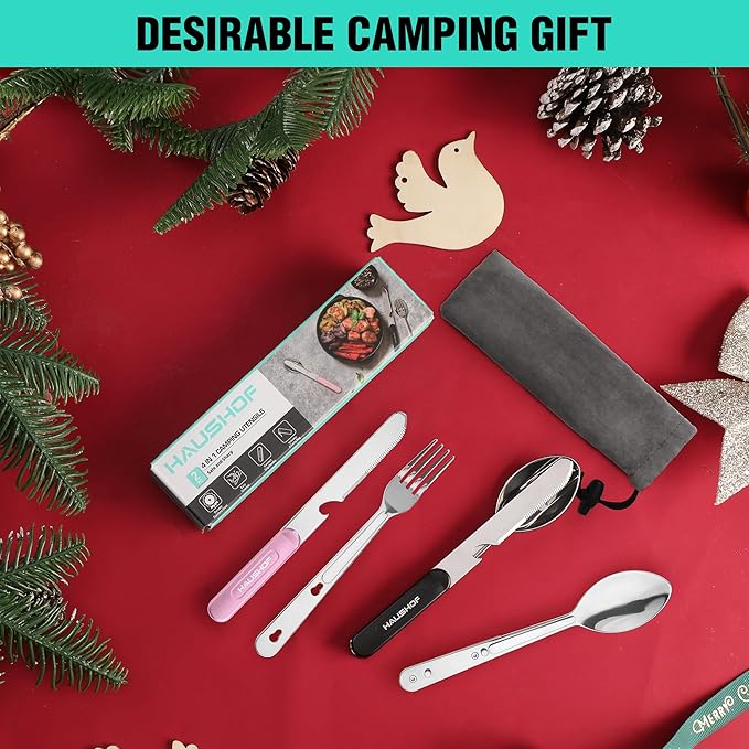 HAUSHOF 2-Pack 4-in-1 Camping Utensils, Stainless Steel Camping Eating Utensils with Carrying Bag, Detachable Spoon, Fork, Knife, Bottle Opener - Travel Utensil Set for Hiking, Picnic, Barbecue