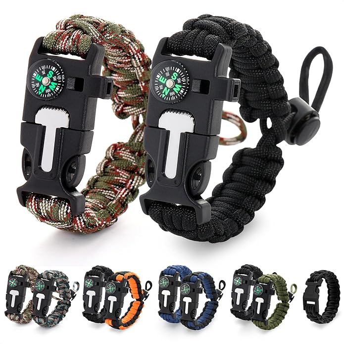 Paracord Bracelets for Men and Women – Adjustable Survival Paracord Bracelet with 10 ft Nylon Survival Cord, Flint Fire Starter, Compass, Whistle & Scraper – Gear for Camping, Hiking, Fishing & Travel