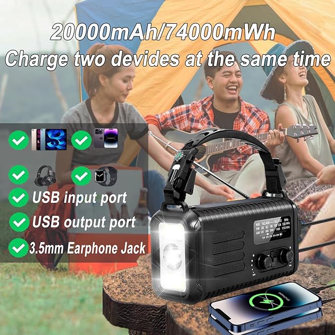 Emergency Hand Crank Radio, NOAA Weather Radio, 20000mAh Rechargeable Solar AM/FM Radio, Portable USB-C Fast Charger, Flashlight, Reading Lamp SOS Alarm for Hurricane Storm Camping Hiking (Black)