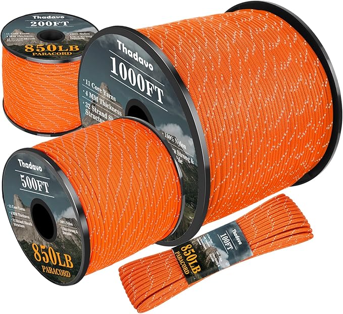 Paracord Reflective Rope 850Ib, 50/100/200/500/1000ft 4MM 11 Strand Strong Parachute Spool Cord, para Cord Lanyard for Clothsline, Hammock, Camping, Hiking and Survival, Orange 200FT