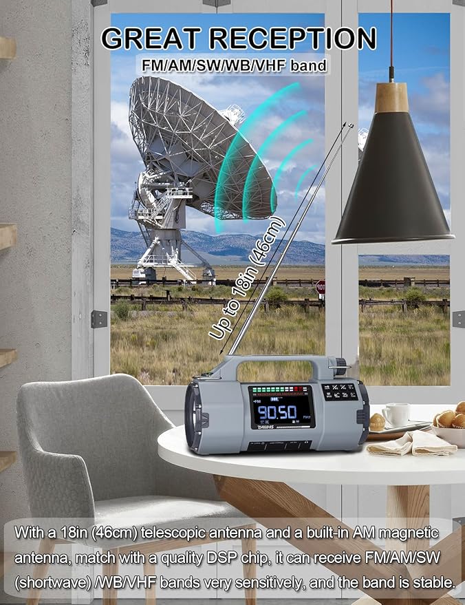 ZHIWHIS Emergency Radio with Bluetooth, Multi-Function Portable Radios with LCD VA Display, FM/MW/SW/VHF/WB Receiver with Alerts, Hand Crank/Solar/USB Charging, 5000mAh for Emergencies ZWS-908(Grey)
