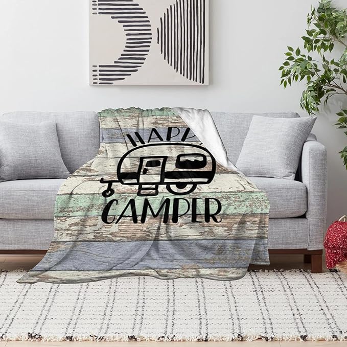 Syhonic Travelling Camping Blanket for Happy Camper Throw Blanket for Sofa Couch, Vintage Camping Theme Flannel Blanket for RV Farmhouse Living Room Bedroom Decor 50"x40"