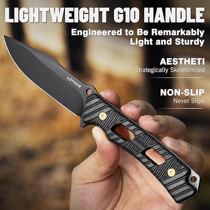 LOTHAR KA52 Fixed Blade Knife with Sheath, D2 Steel Survival Tactical Hunting Knife for Camping Bushcraft Outdoor, Vertical Horizontal Carry Cool Full Tang Knives, Survival Tactical Gear Christmas Valentine Gift for Men Women