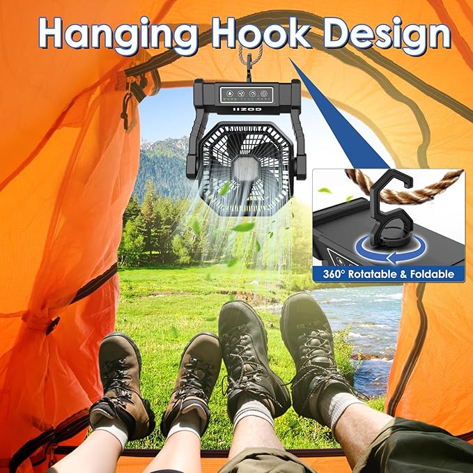 COZII Battery Operated Fan, 20000mAh Rechargeable Portable Fan with LED Lantern - 3 Colors, 4 Speeds, 4 Timing, Adjustable Head with Hook, Camping Fan for Table, BBQ, Beach, Hiking, Travel