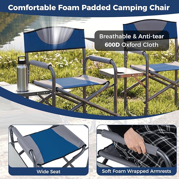 COSTWAY Folding Camping Chair, Lightweight Portable Directors Chair w/Side Table & Cup Holder, Padded Outdoor Heavy Duty Lawn Chair for Fishing, Picnic, Sports, Beach, Max Load 400 lbs (Blue,1)