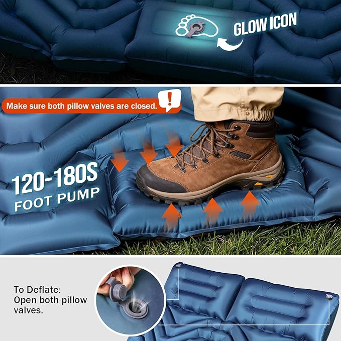Double Sleeping Pad for Camping- 2 Person Camping Mattress with Pillow, Inflates in 60 Seconds Sleeping Pad with Pump-Electric/Foot Portable Air Pad for Backpacking, Hiking, Tent, Car Travel, Beach