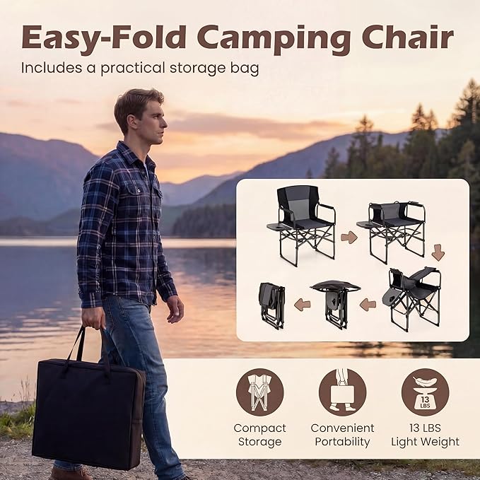 GYMAX Oversized Camping Directors Chair, Portable Folding Camping Chairs for Adults with Table, Heavy-Duty Lawn Chair for Fishing, Picnic, Sports, Beach, Outdoor, Supports 500LBS (Grey)