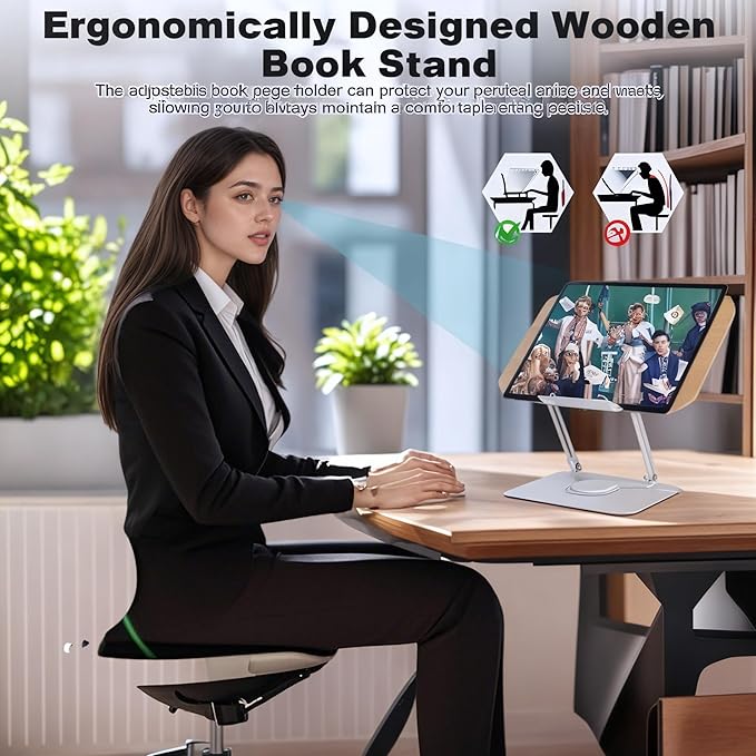 Book Stand for Reading - 360° Rotating Base, Adjustable Height & Angle, Hands-Free Holder for Cookbooks, Textbooks, Tablets up to 17.3 Inches (Light Yellow)