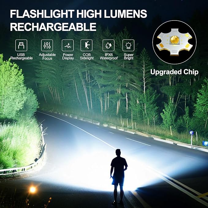 Rechargeable Flashlights High Lumens, 7Mode LED Flashlight Rechargeable, Super Bright Flashlight Powerful, IPX6 Waterproof, Adjustable Tactical Flashlights for Home Emergencies Camping, 2 Pack