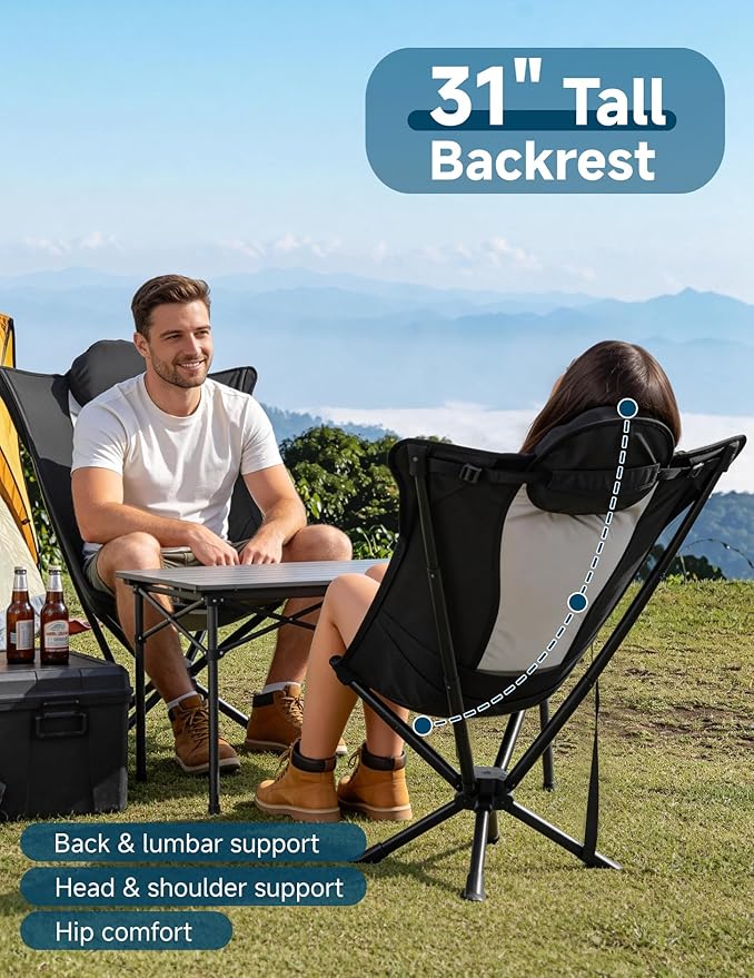 East Oak Swivel Camping Chair – High-Back Portable Folding Chair with Pillow, Sets Up in Seconds, Supports Up to 350 lbs, Compact Lightweight Backpacking Chair for Hiking, Beach, and Sports Events