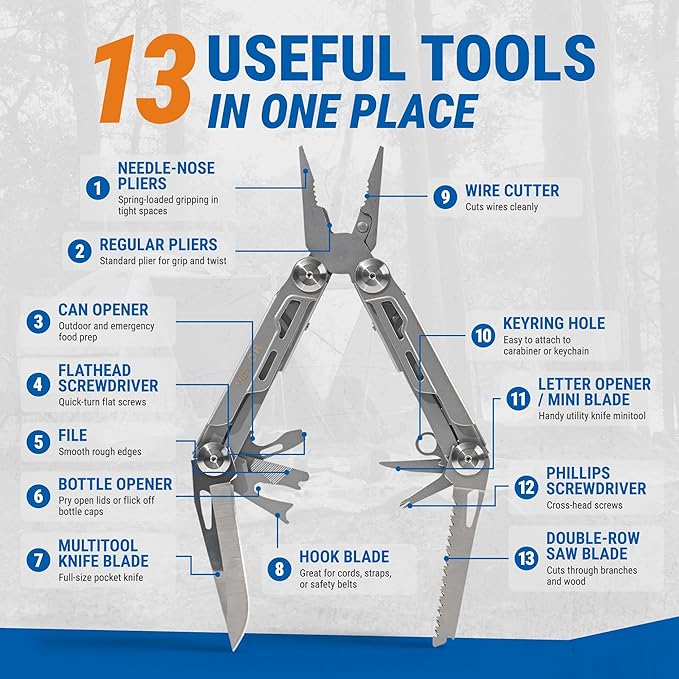 Valor 13-in-1 Multi Tool Pocket Knife with Pliers – Compact Lightweight EDC Multitool for Camping, Fishing, Outdoor, Survival – Self-Locking All-In-One Utility with Carry Case & Belt Loop