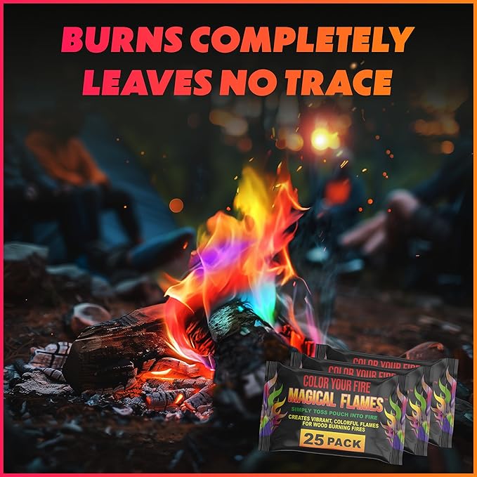 Magical Flames Fire Color Packets (25 Pack), Vibrant Multi-Color Fire for Fire Pits, Campfires, Bonfires & Fireplaces - Camping Essentials & Outdoor Party Accessories