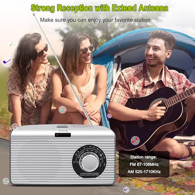 DreamSky Bluetooth Speaker Radio Sleep Timer, Hi-Fi Clear Extra Loud Sound, Portable AM FM Radio with Strong Reception, Plug in Wall or Battery Operated for Home/Outdoor, Seniors Small Gift